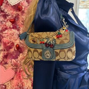 Coach Mini Shoulder Bag in Tan Canvas with Blue Trim and Cherry Charms